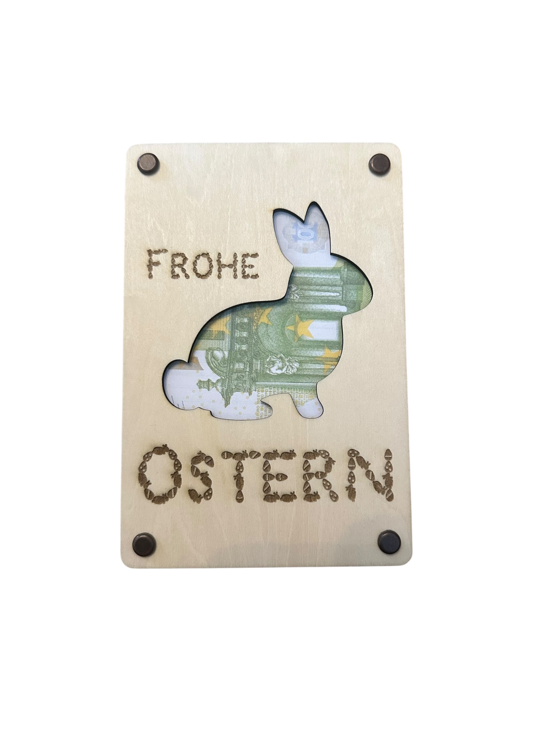 "Frohe Ostern" mit Hase (Hochformat) - Hölzerne Grußkarte als Geldgeschenk zu Ostern