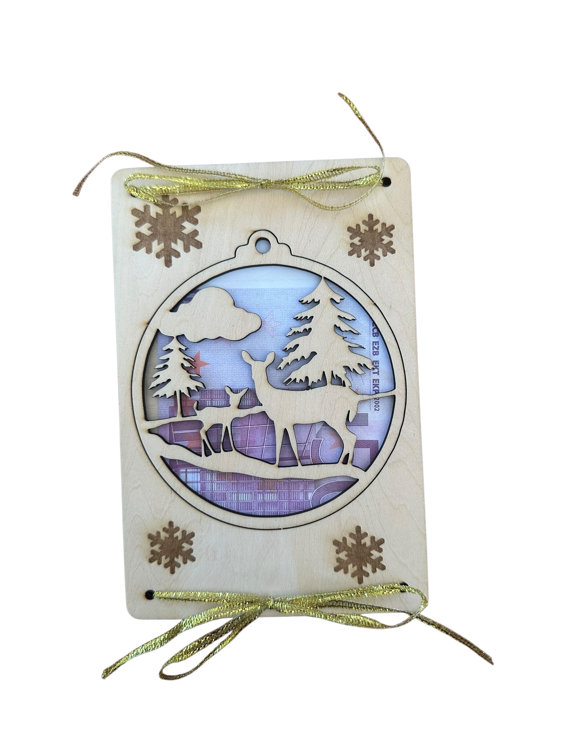 "Rehe im Wald" - Hölzerne Weihnachts-Grußkarte (2 in 1 Grußkarte mit Weihnachtsanhänger)