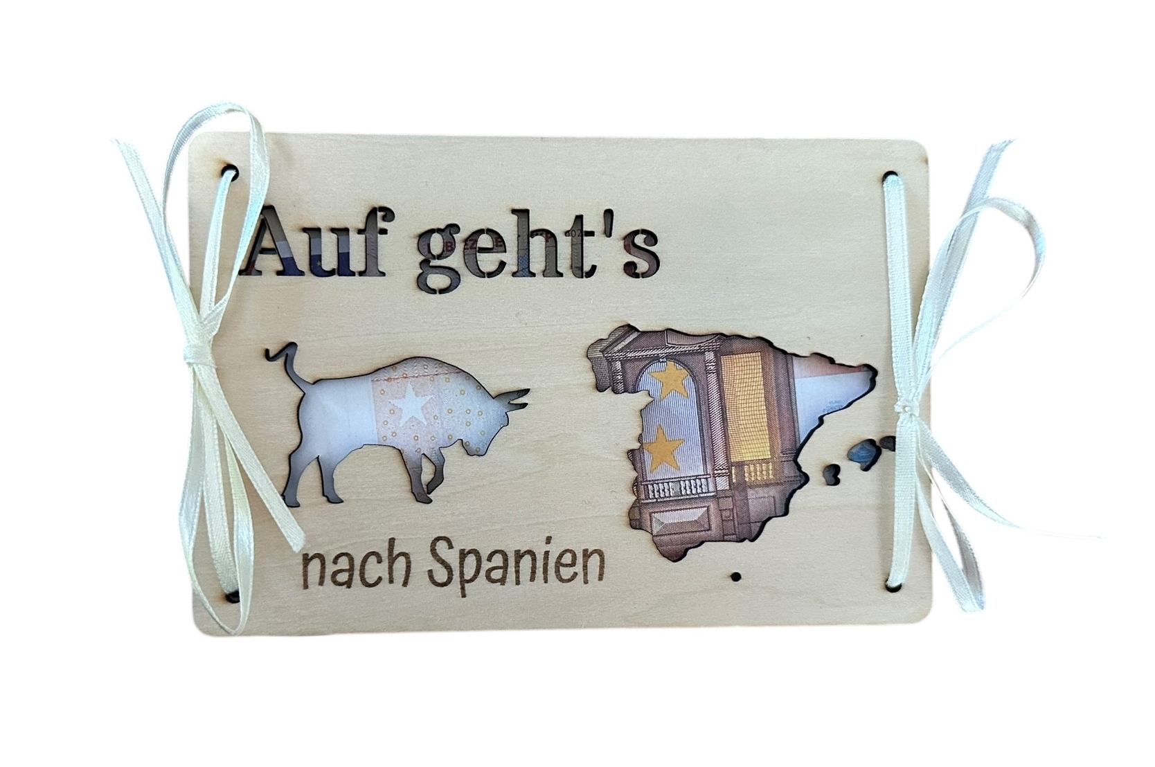"Spanien - Auf geht's" - Hölzerne Grußkarte als Geldgeschenk für Reiseträume, die wahr werden