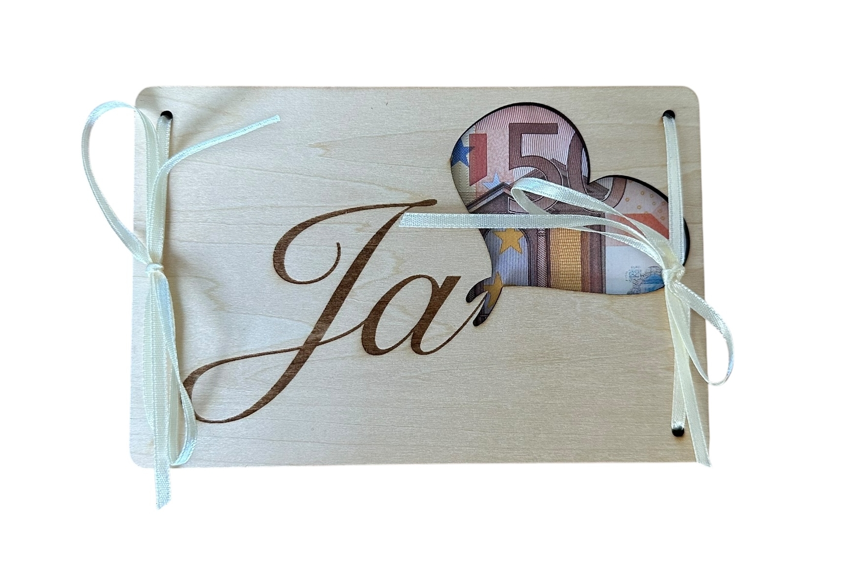 "Ja!" - Hölzerne Grußkarte als Geldgeschenk zur Hochzeit "Ja!" - Hölzerne Grußkarte als Geldgeschenk zur Hochzeit