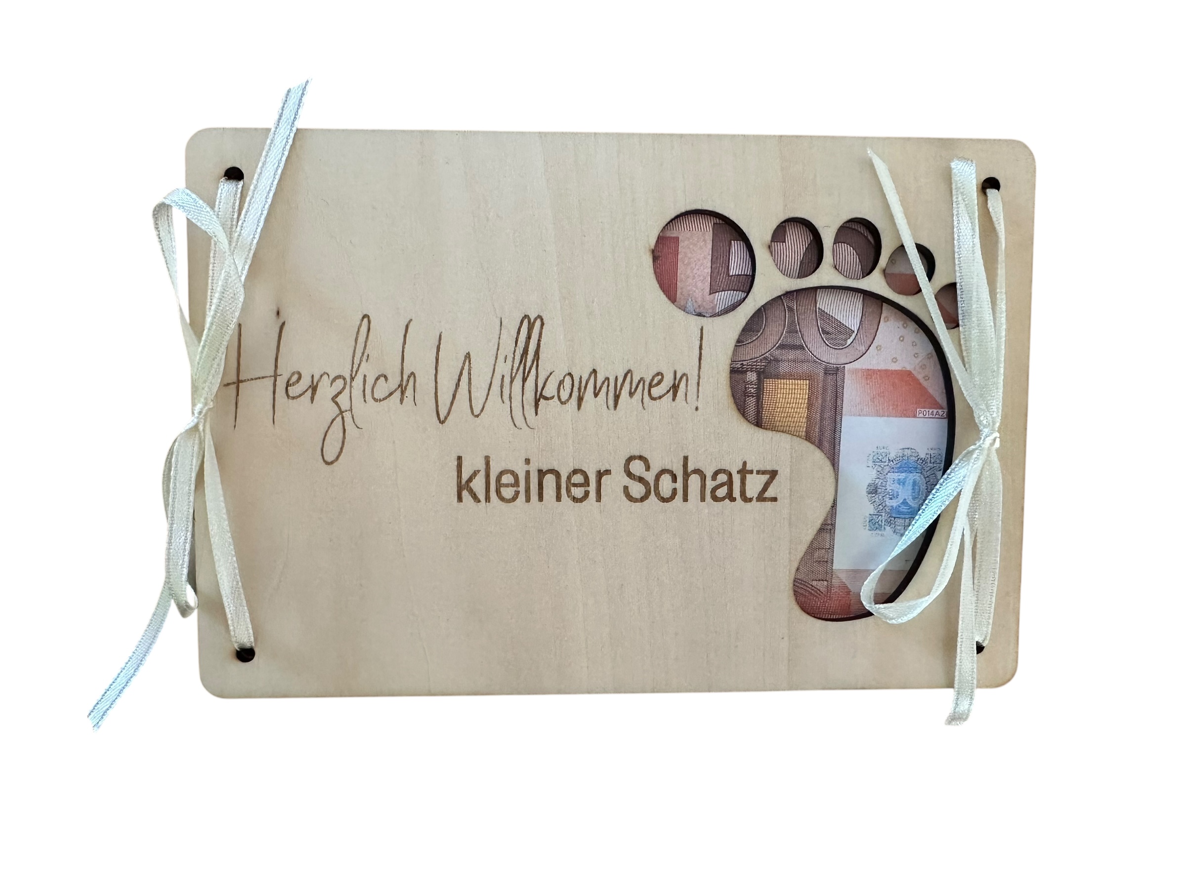"Herzlich Willkommen kleiner Schatz" - Hölzerne Grußkarte als Geldgeschenk