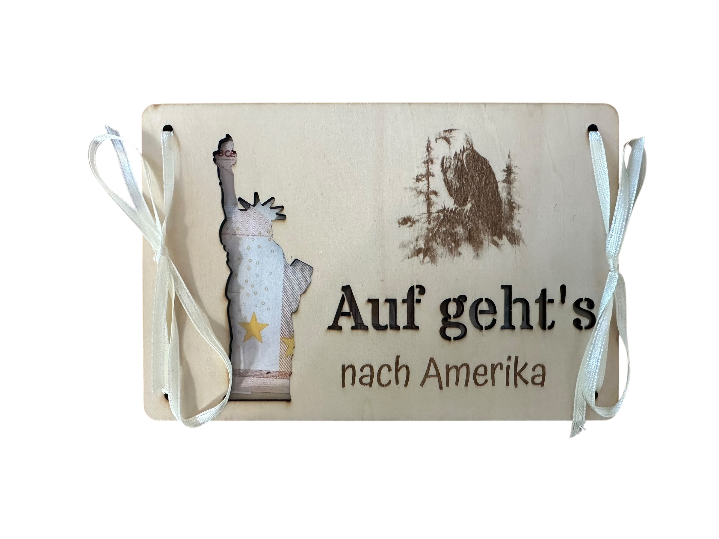 "Amerika - Auf geht's" - Hölzerne Grußkarte als Geldgeschenk für Reiseträume, die wahr werden
