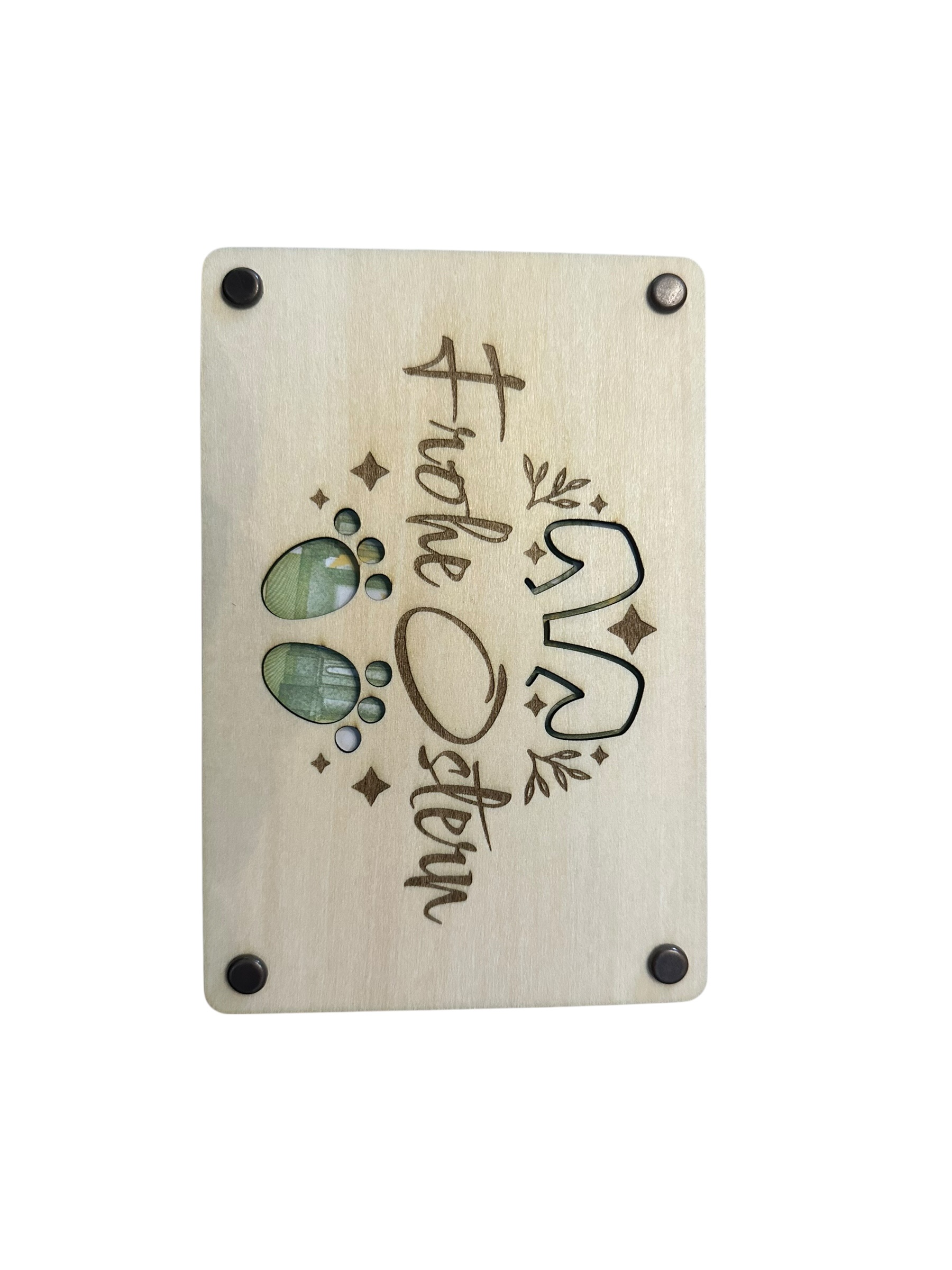 "Frohe Ostern" mit Häschenfüßen - Hölzerne Grußkarte als Geldgeschenk zu Ostern