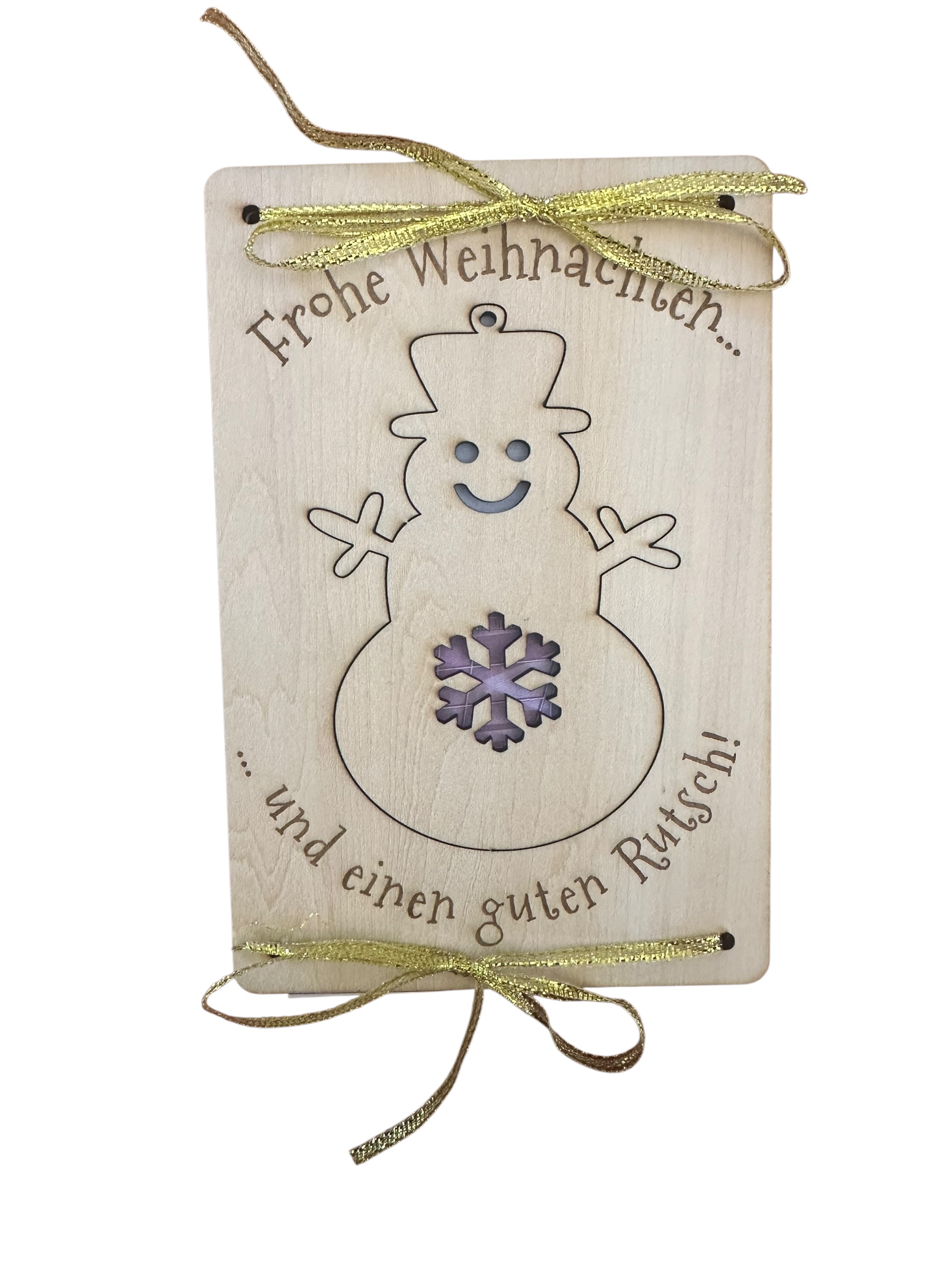 "Schneemann" - Hölzerne Weihnachts-Grußkarte (2 in 1 Grußkarte mit Weihnachtsanhänger)