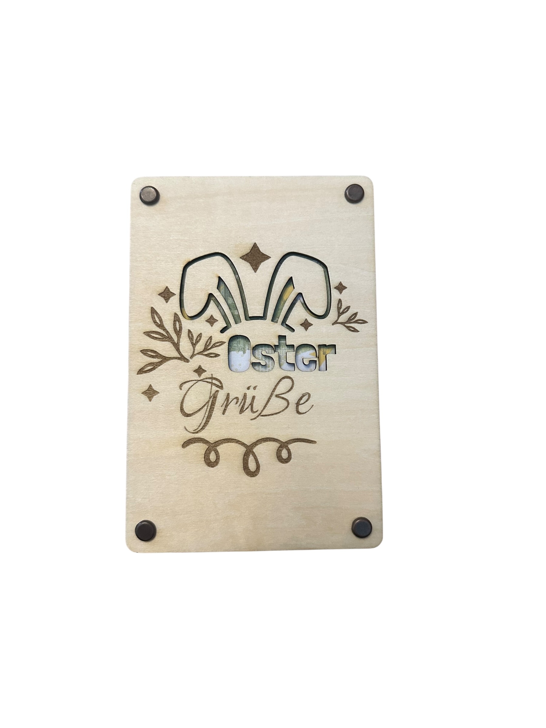 "Ostergrüße" mit Hasenohren - Hölzerne Grußkarte als Geldgeschenk zu Ostern