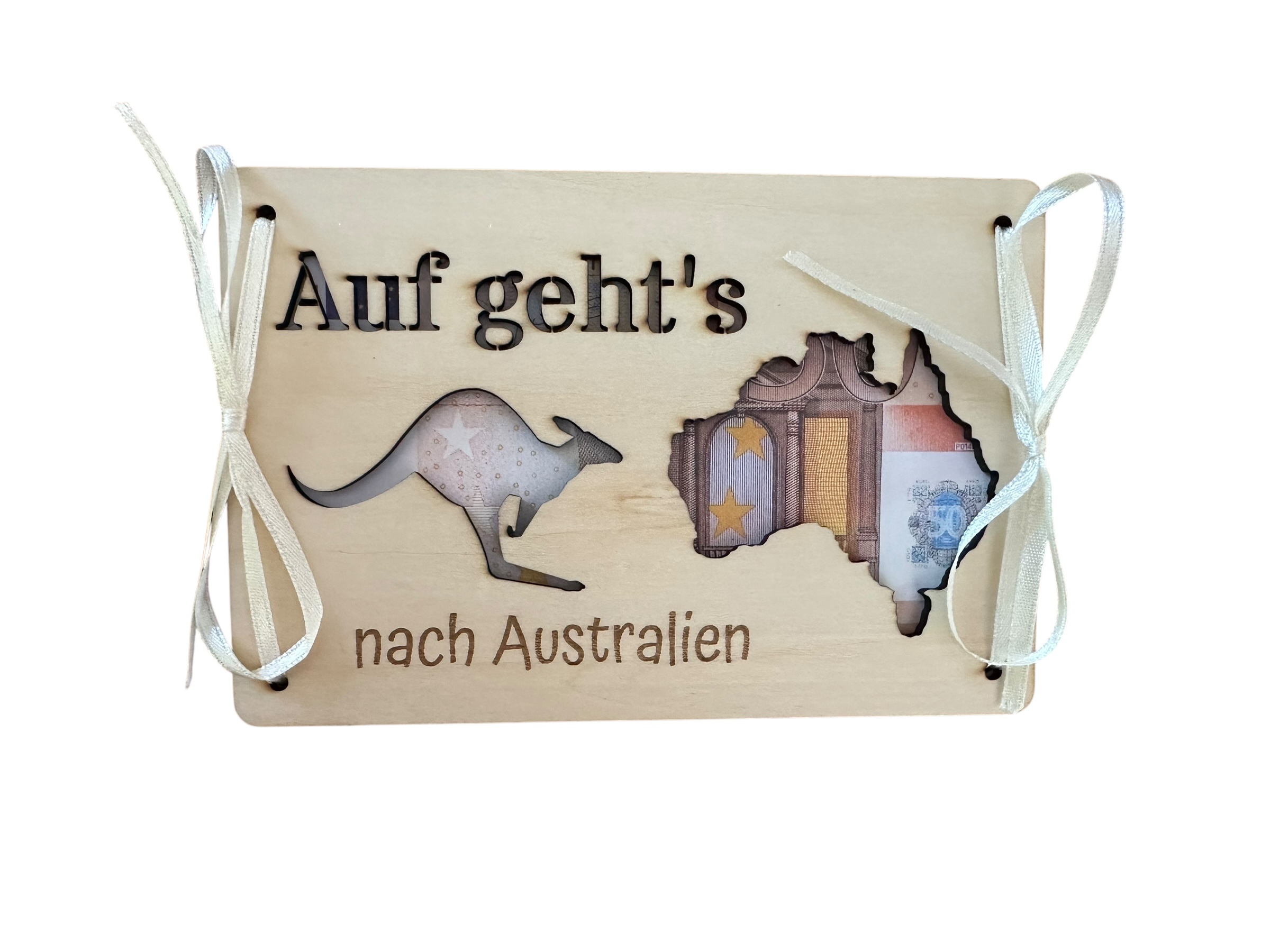 "Australien - Auf geht's" - Hölzerne Grußkarte als Geldgeschenk für Reiseträume, die wahr werden