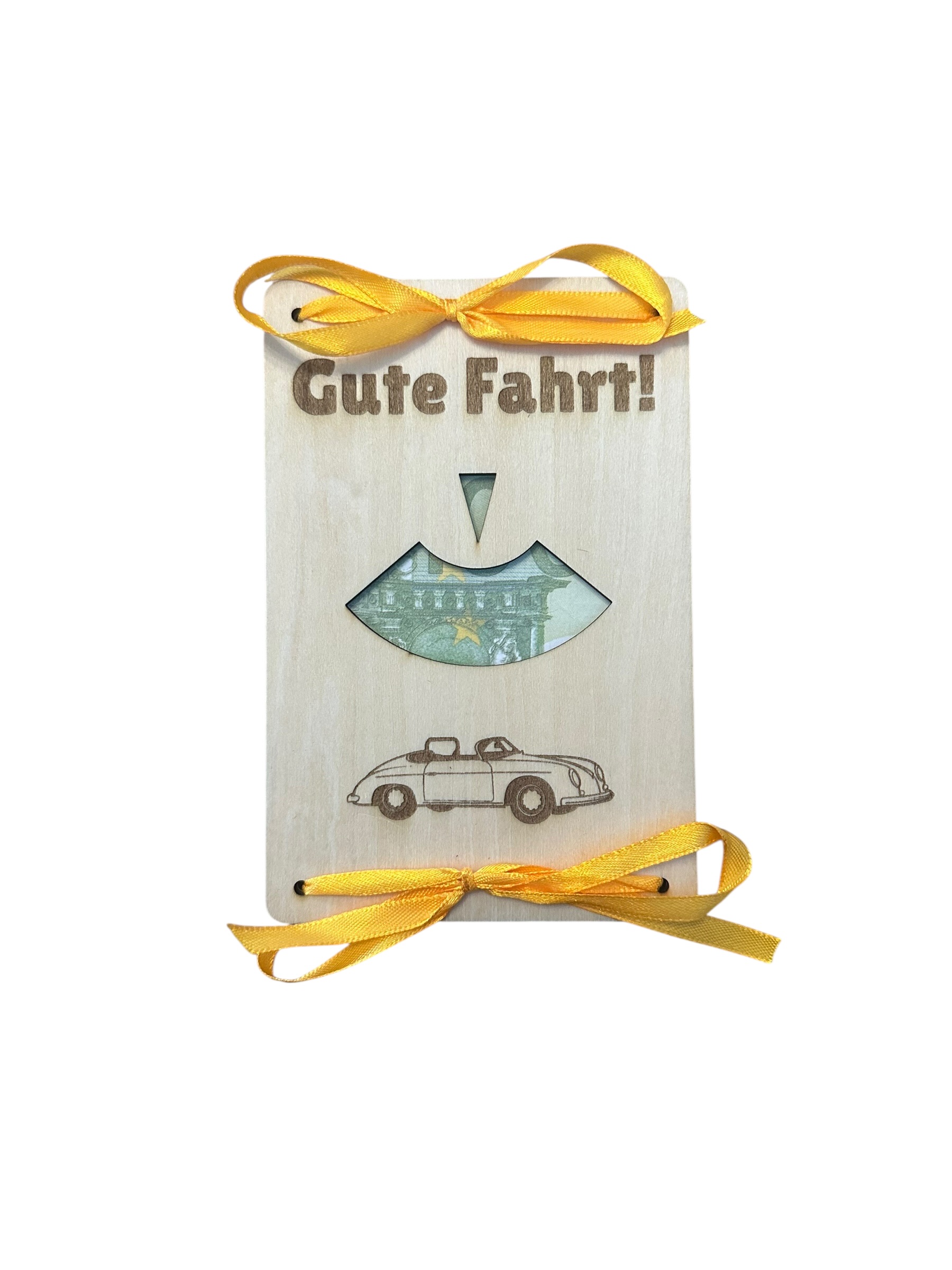 "Gute Fahrt" - Hölzerne Grußkarte als Geldgeschenk zum Auto oder zum Geburtstag