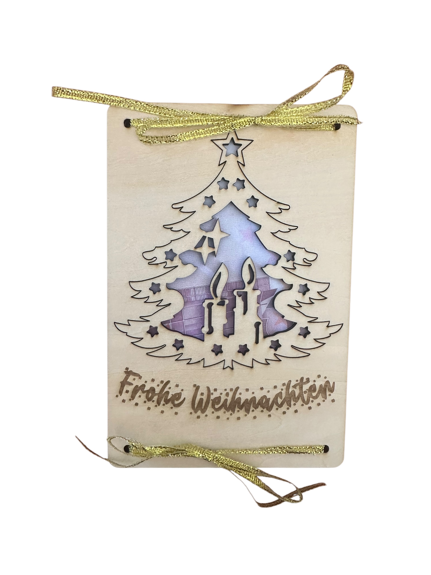 "Weihnachtsbaum mit Kerze" - Hölzerne Weihnachts-Grußkarte (2 in 1 Grußkarte mit Weihnachtsanhänger)