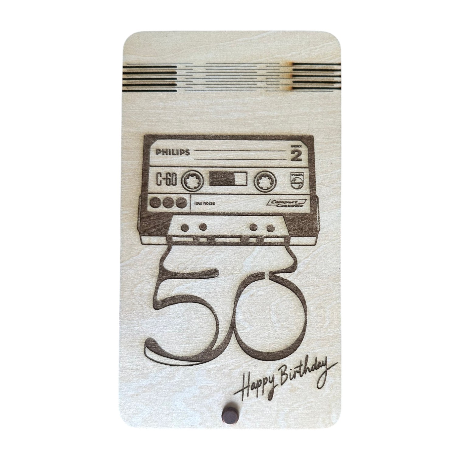 Klappkarte aus Holz zum 50. Geburtstag mit Retro-Kassette