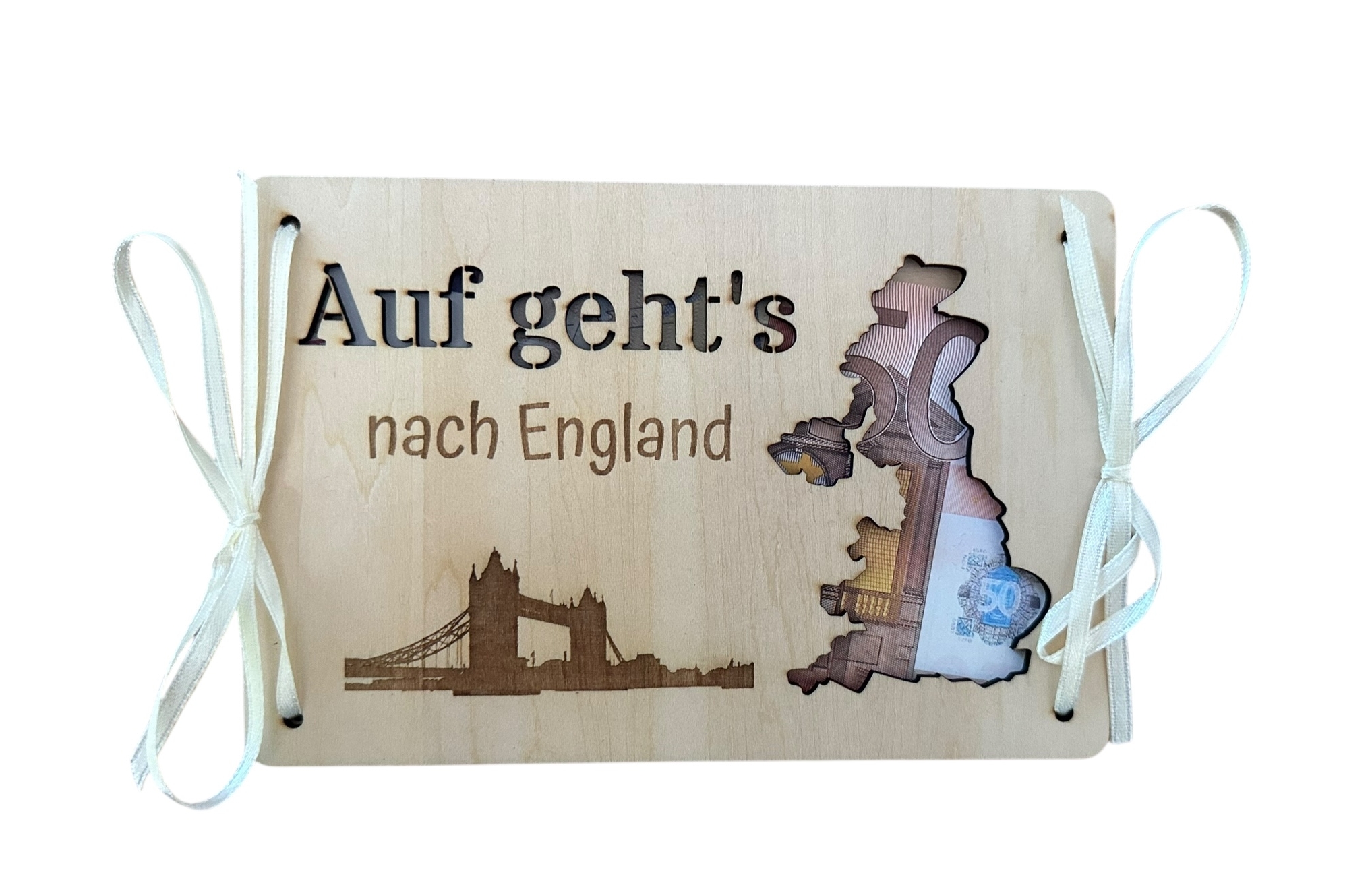 "England - Auf geht's" - Hölzerne Grußkarte als Geldgeschenk für Reiseträume, die wahr werden