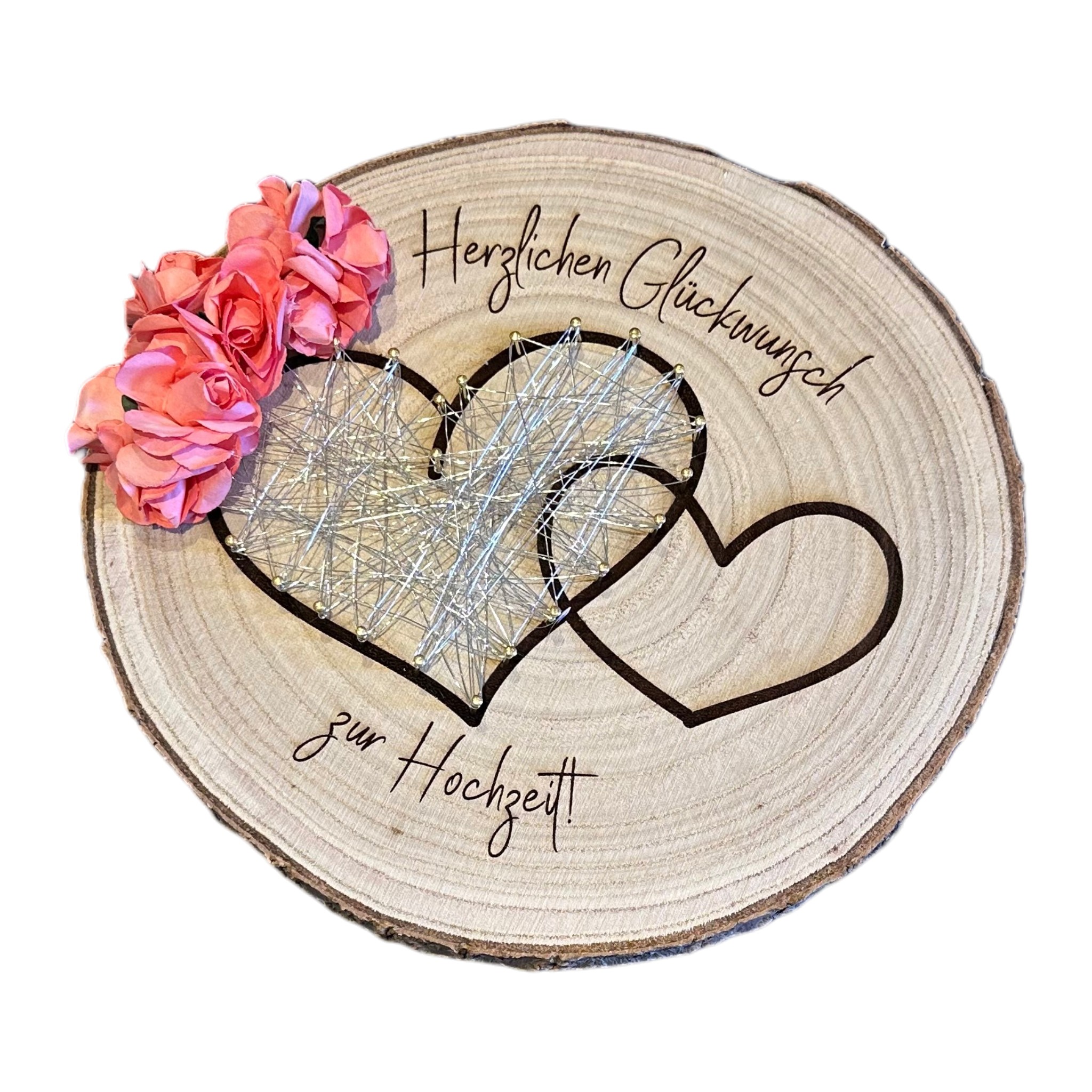 Baumscheibe zur Hochzeit – String Art Herz mit Gravur „Herzlichen Glückwunsch zur Hochzeit“