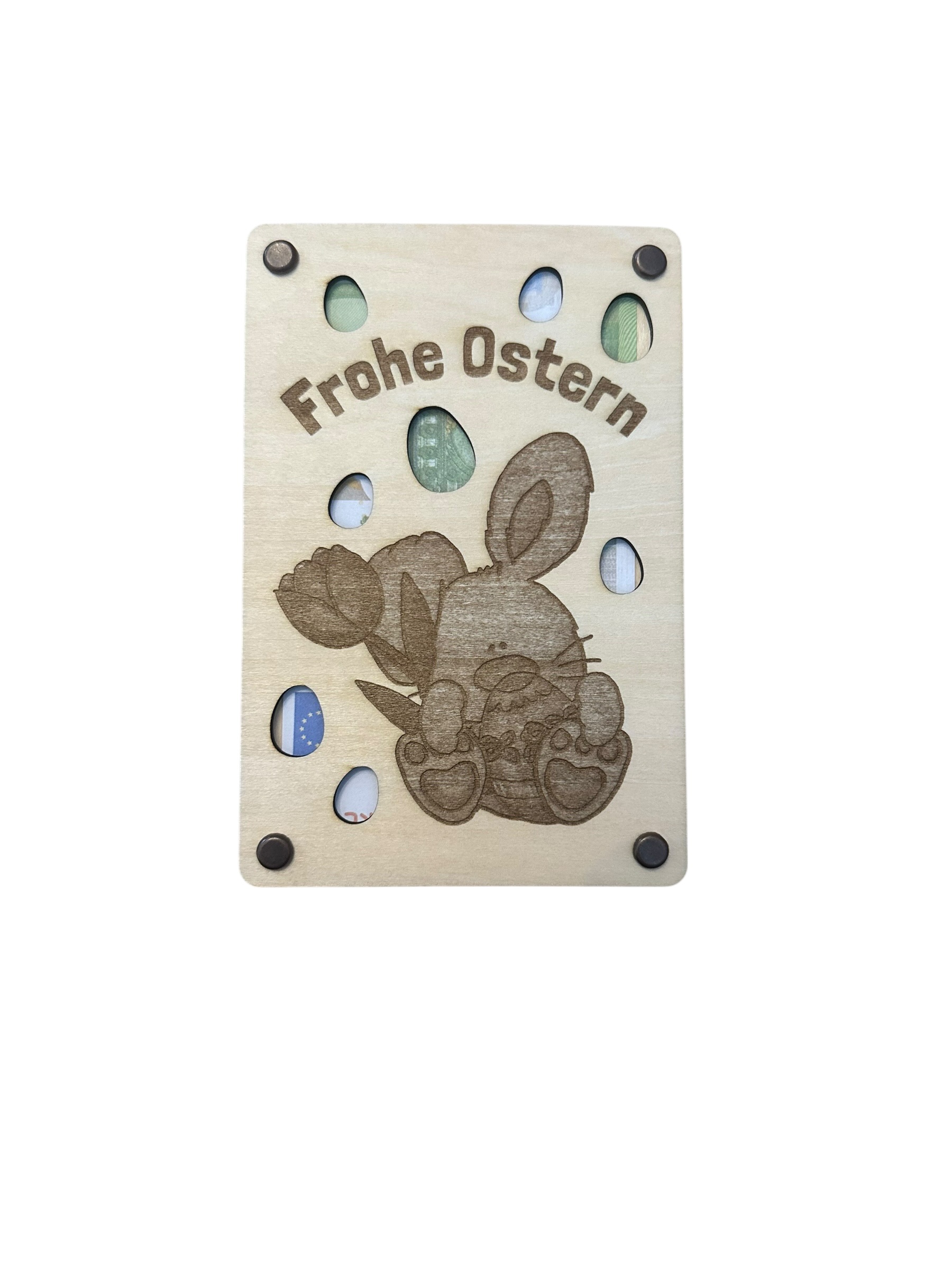 "Frohe Ostern" mit graviertem Hasen im Eier-Regen - Hölzerne Grußkarte als Geldgeschenk zu Ostern