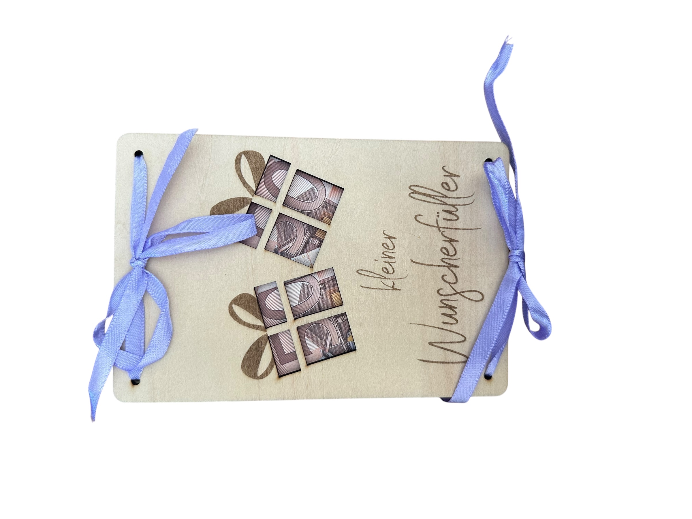 "Wunscherfüller Geschenke" - Hölzerne Grußkarte als Geldgeschenk "Wunscherfüller Geschenke" - Hölzerne Grußkarte als Geldgeschenk