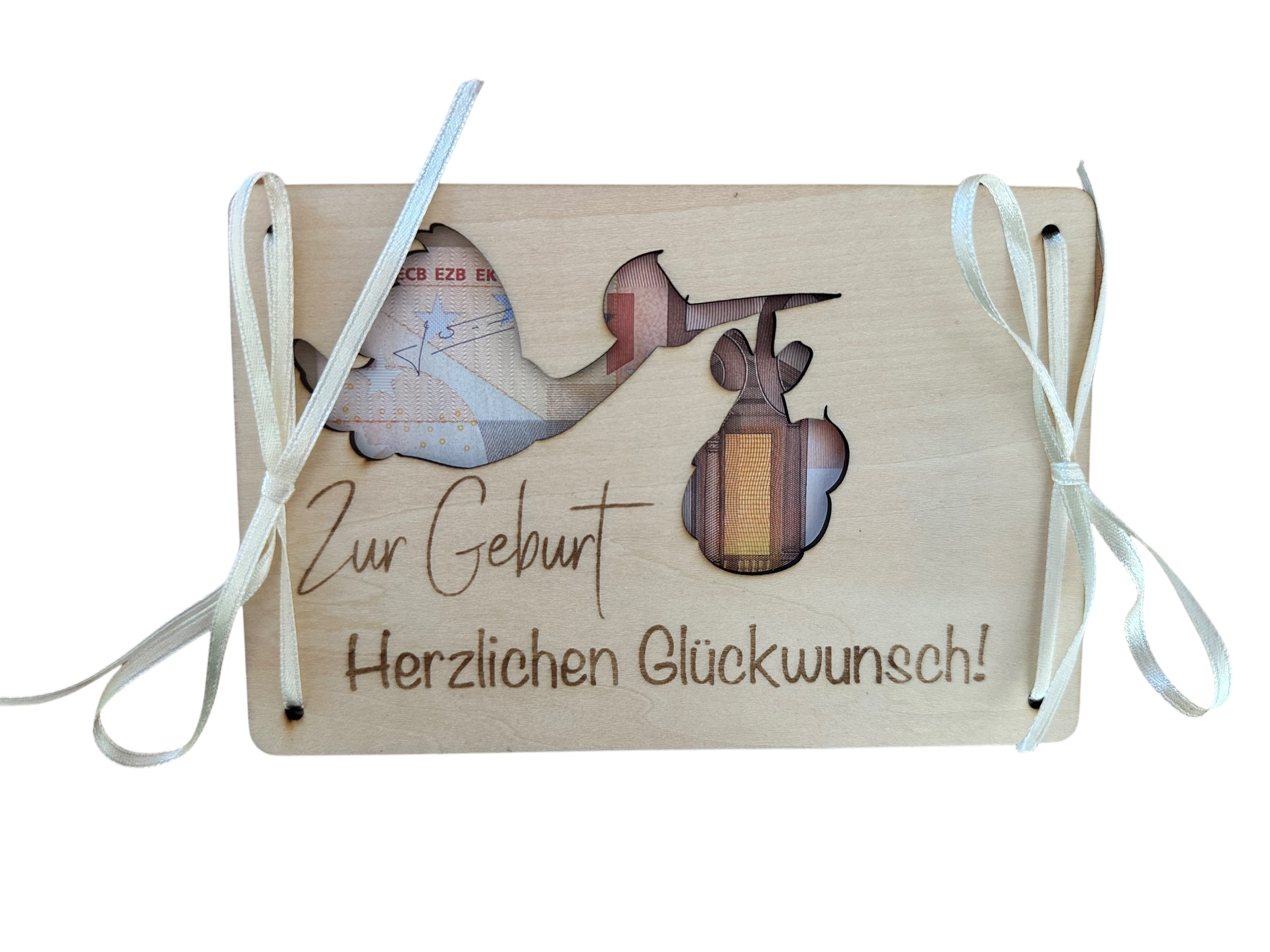 "Zur Geburt" - Hölzerne Grußkarte als Geldgeschenk