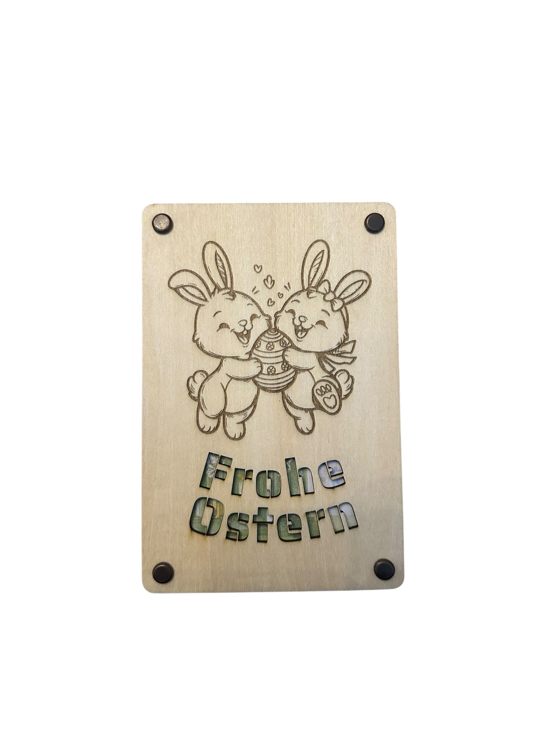 "Frohe Ostern" mit zwei süßen Hasen - Hölzerne Grußkarte als Geldgeschenk zu Ostern