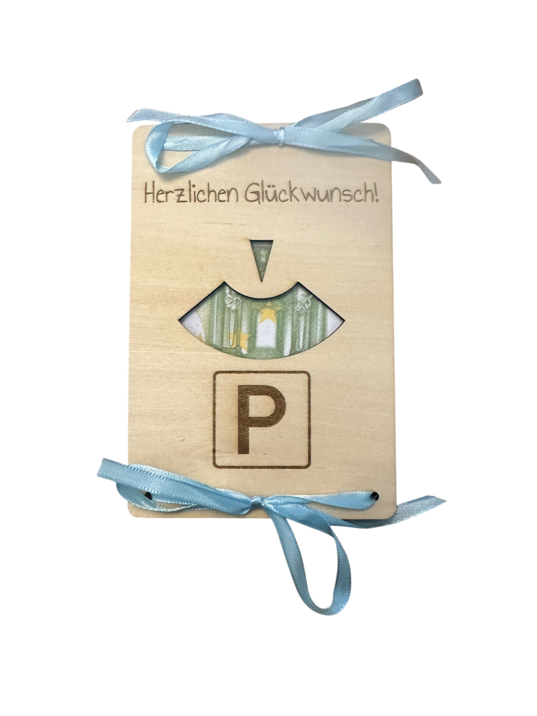 "Herzlichen Glückwunsch" - Hölzerne Grußkarte als Geldgeschenk zum Auto oder zum Geburtstag
