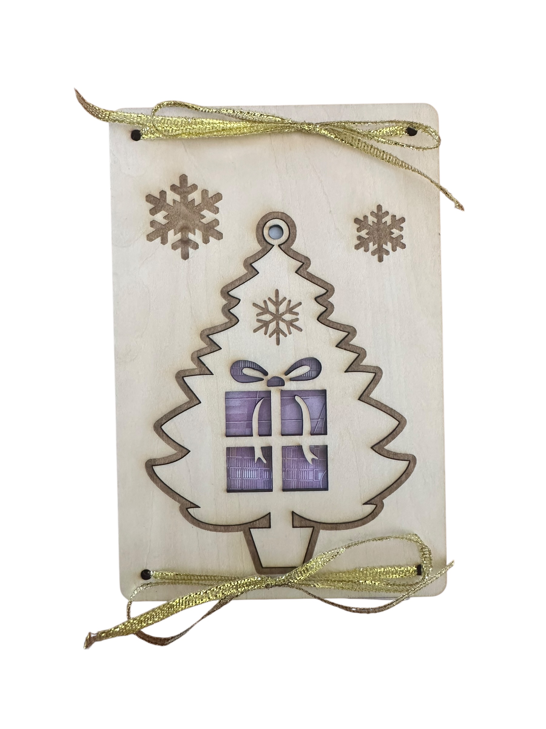 "Weihnachtsbaum mit Geschenk" - Hölzerne Weihnachts-Grußkarte (2 in 1 Grußkarte mit Weihnachtsanhänger)