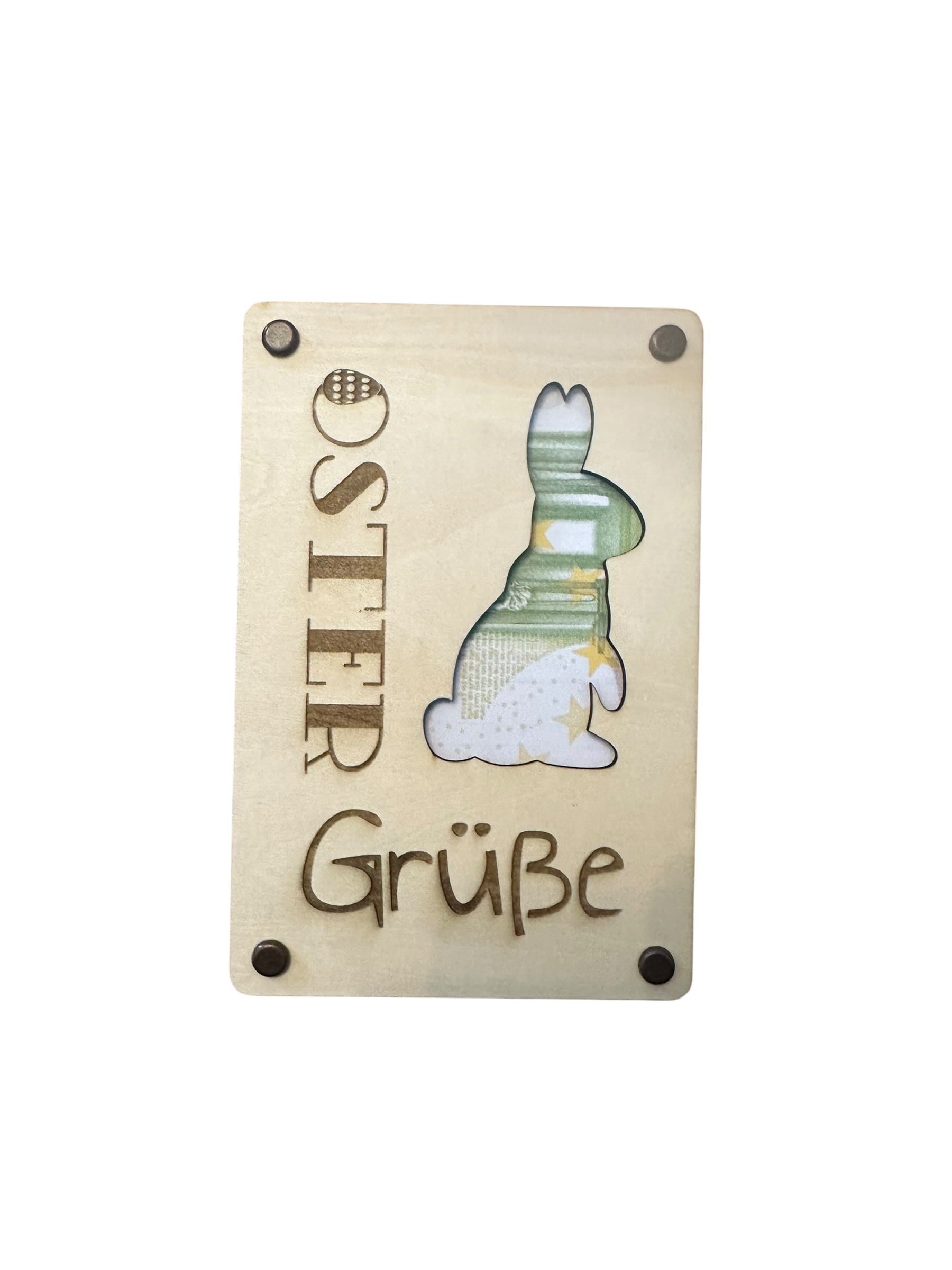 "Ostergrüße" mit ausgestanztem Hasen - Hölzerne Grußkarte als Geldgeschenk zu Ostern