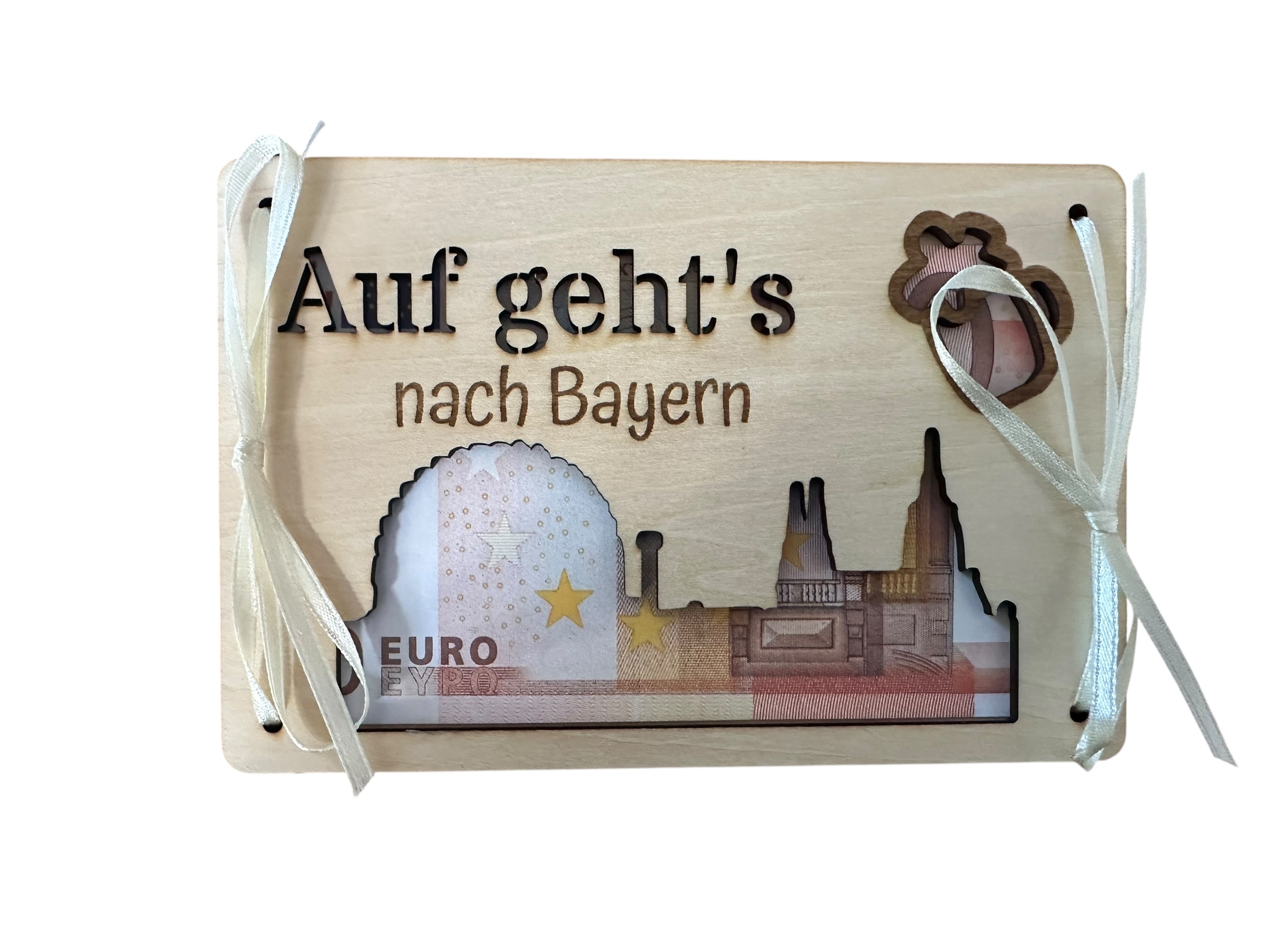 "Bayern - Auf geht's" - Hölzerne Grußkarte als Geldgeschenk für Reiseträume, die wahr werden